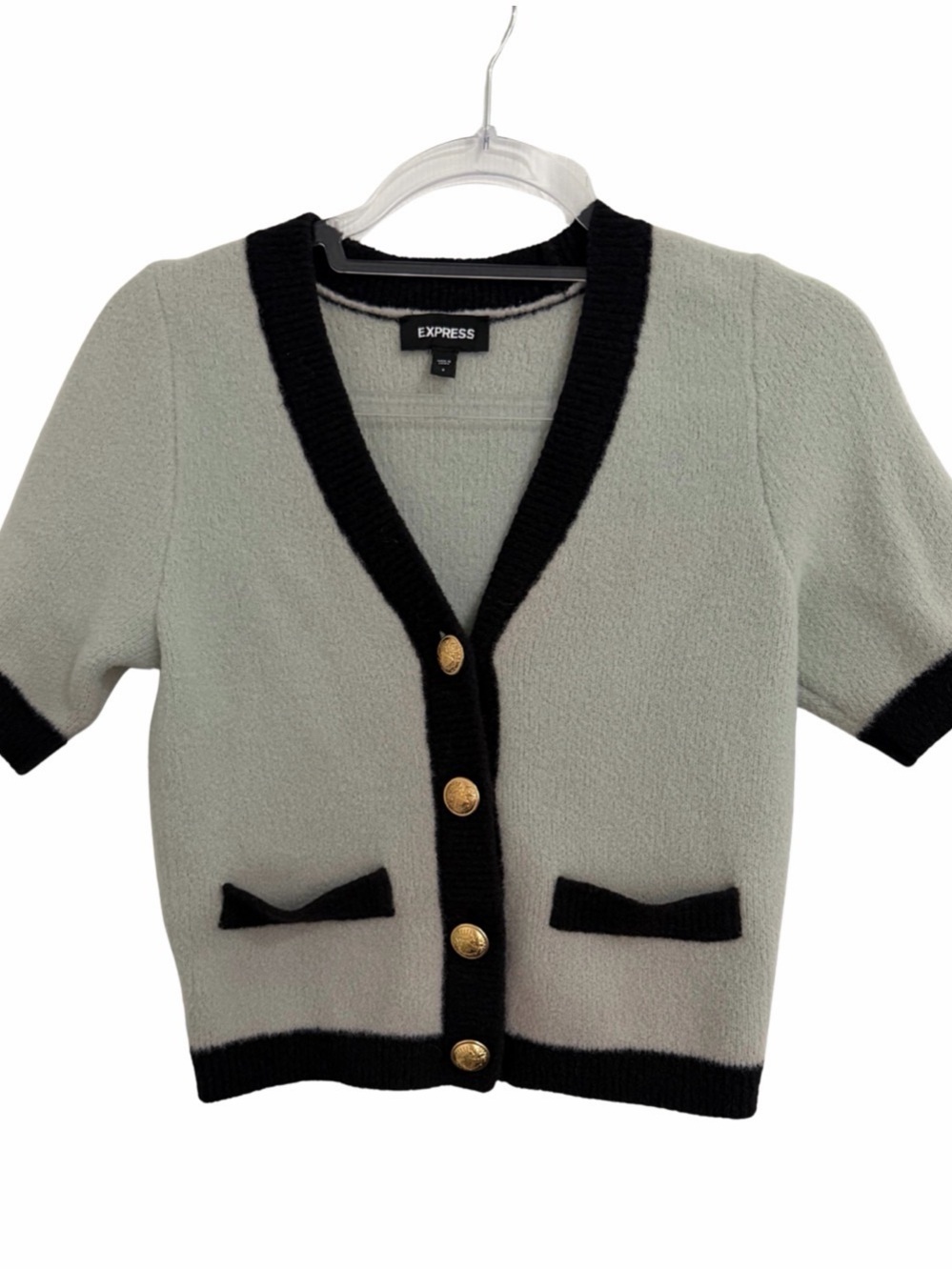 Express Mint Green Short Sleeve Cardigan with Black Trim and Gold Buttons